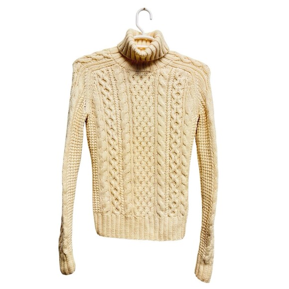 J.Crew Cableknit Chunky Sweater Cream Fisherman Sz L Handknit 100% Wool Retro 90 - Picture 1 of 8
